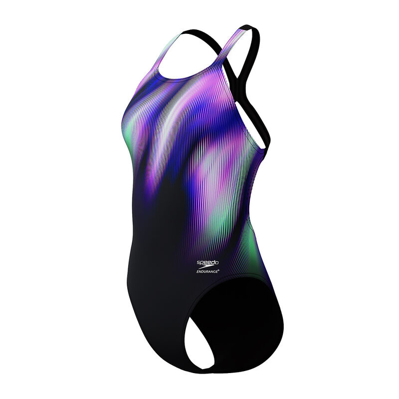 Womens Placement Printed Powerback One Piece, Blurry Glass- Black, hi-res image number 7