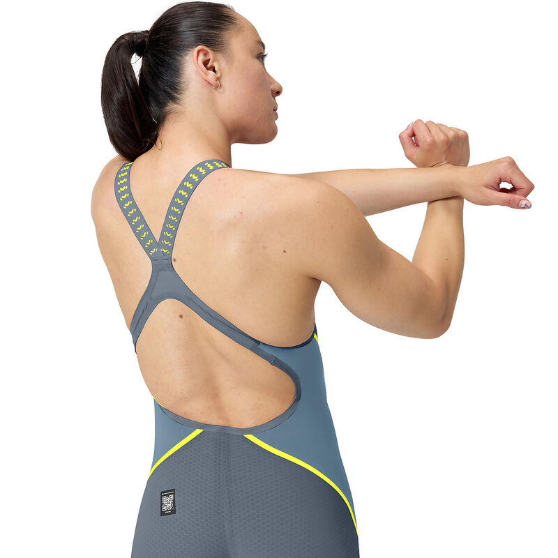 Womens Fastskin LZR Pure Intent 2.0 Openback Kneeskin, Grey Lead/Acadia Blue/Hyper Yellow, hi-res image number 6