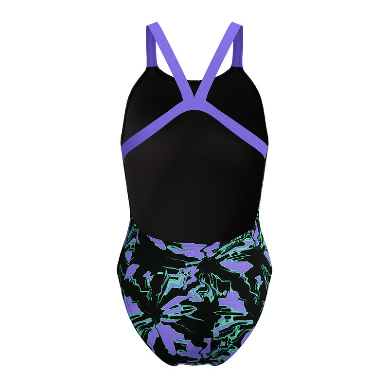 Junior Girls Printed Leaderback One Piece, Floral Glitch- Black, hi-res image number 3