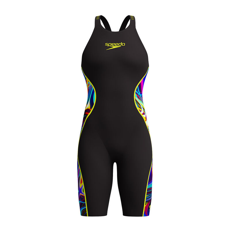 Womens Fastskin LZR Pure Intent 2.0 Openback Kneeskin, Black/Molten Blur/Hyper Yellow, hi-res image number 8
