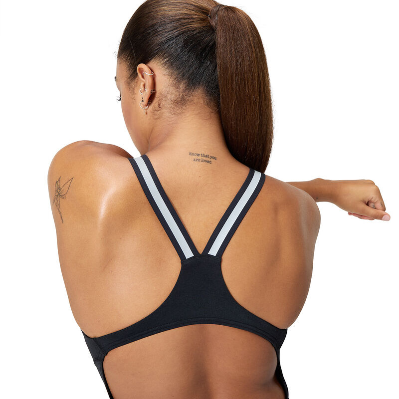 Womens Performance Back One Piece, Black/Silver, hi-res image number 5