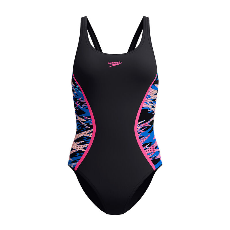 Womens Printed Splice Muscleback One Piece, Anthracite/Margarita Pink, hi-res image number 6