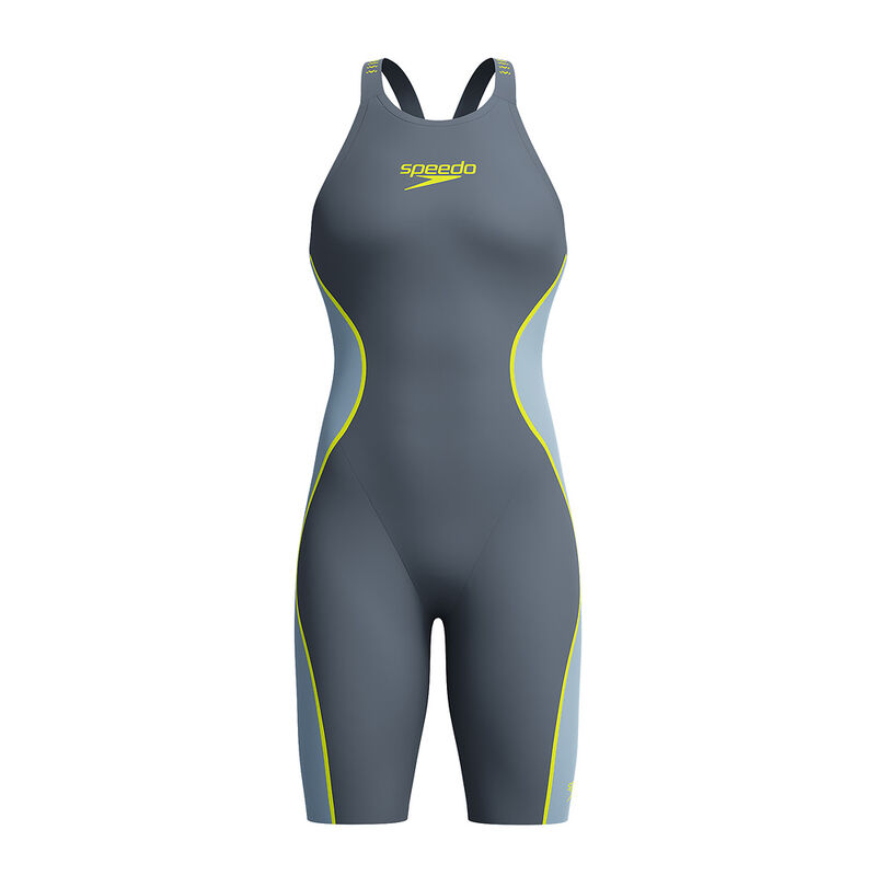 Womens Fastskin LZR Pure Intent 2.0 Openback Kneeskin, Grey Lead/Acadia Blue/Hyper Yellow, hi-res image number 8