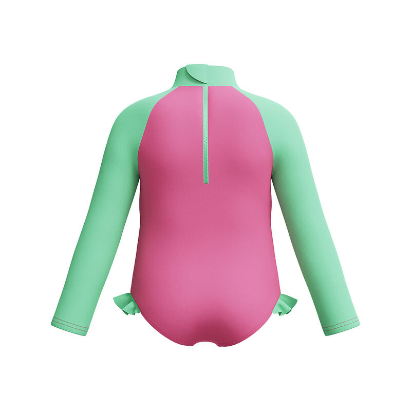 Toddler Girl Digital Long Sleeve Frill Swimsuit, Neon Bubblegum, hi-res image number 3