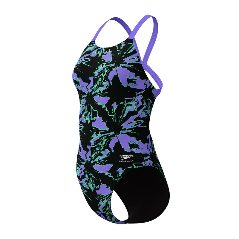 Junior Girls Printed Leaderback One Piece, Floral Glitch- Black, hi-res image number 4