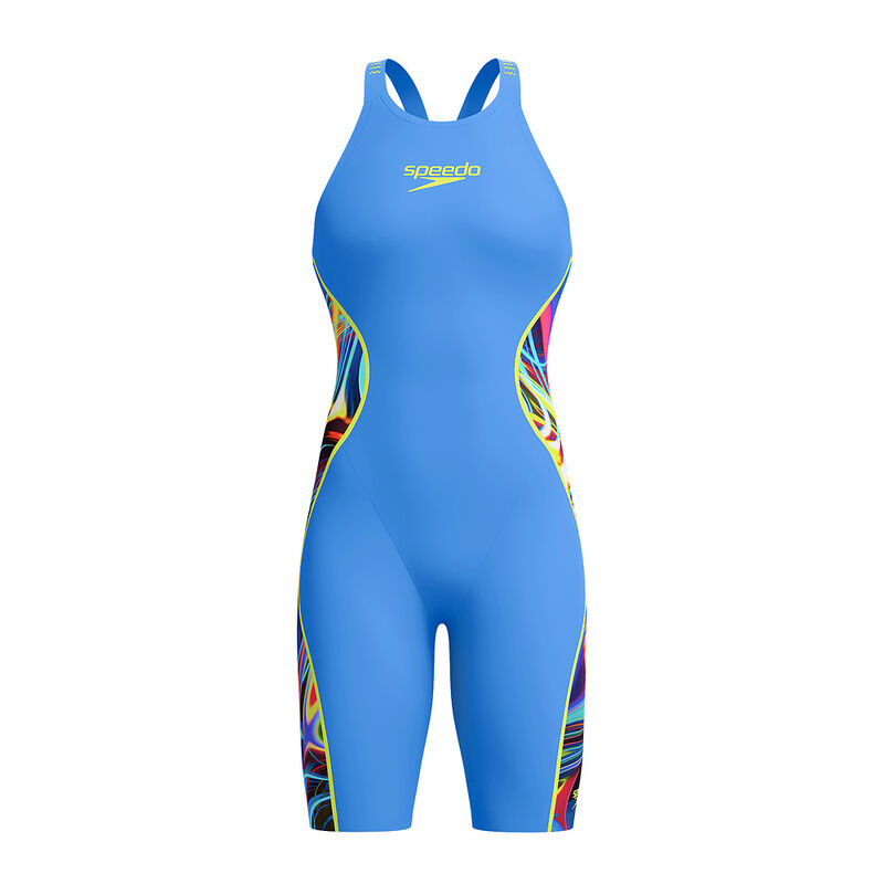 Womens Fastskin LZR Pure Intent 2.0 Openback Kneeskin, Molten Blur / Cobalt Pop Print / Hyper Yellow, hi-res image number 7