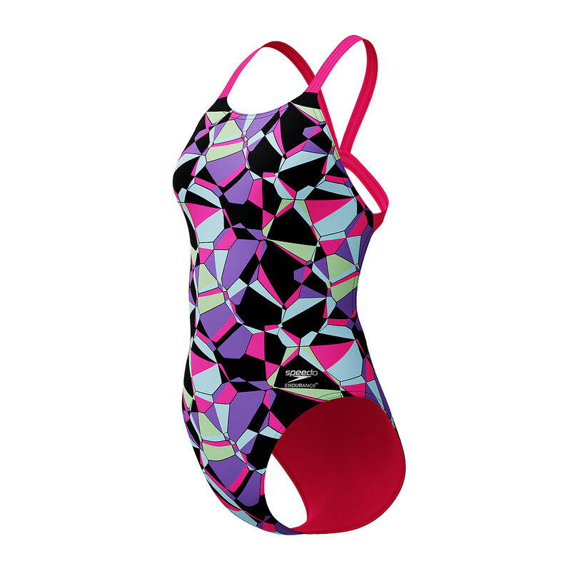 Junior Girls Printed Leaderback One Piece, Facets- Flare Pink, hi-res image number 4