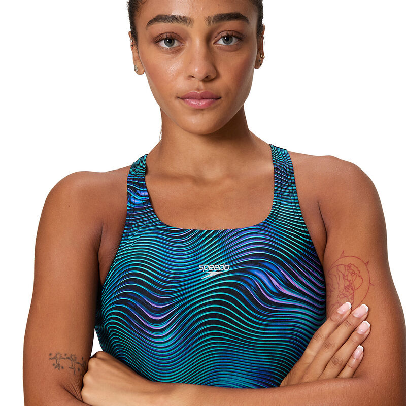 Womens Printed Medalist One Piece, Black/Cobalt, hi-res image number 4