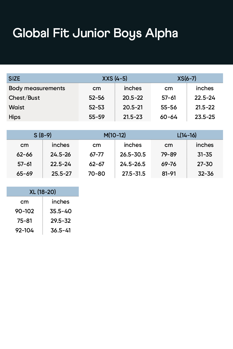 Junior Boys' Global Fit Alpha Size Guide